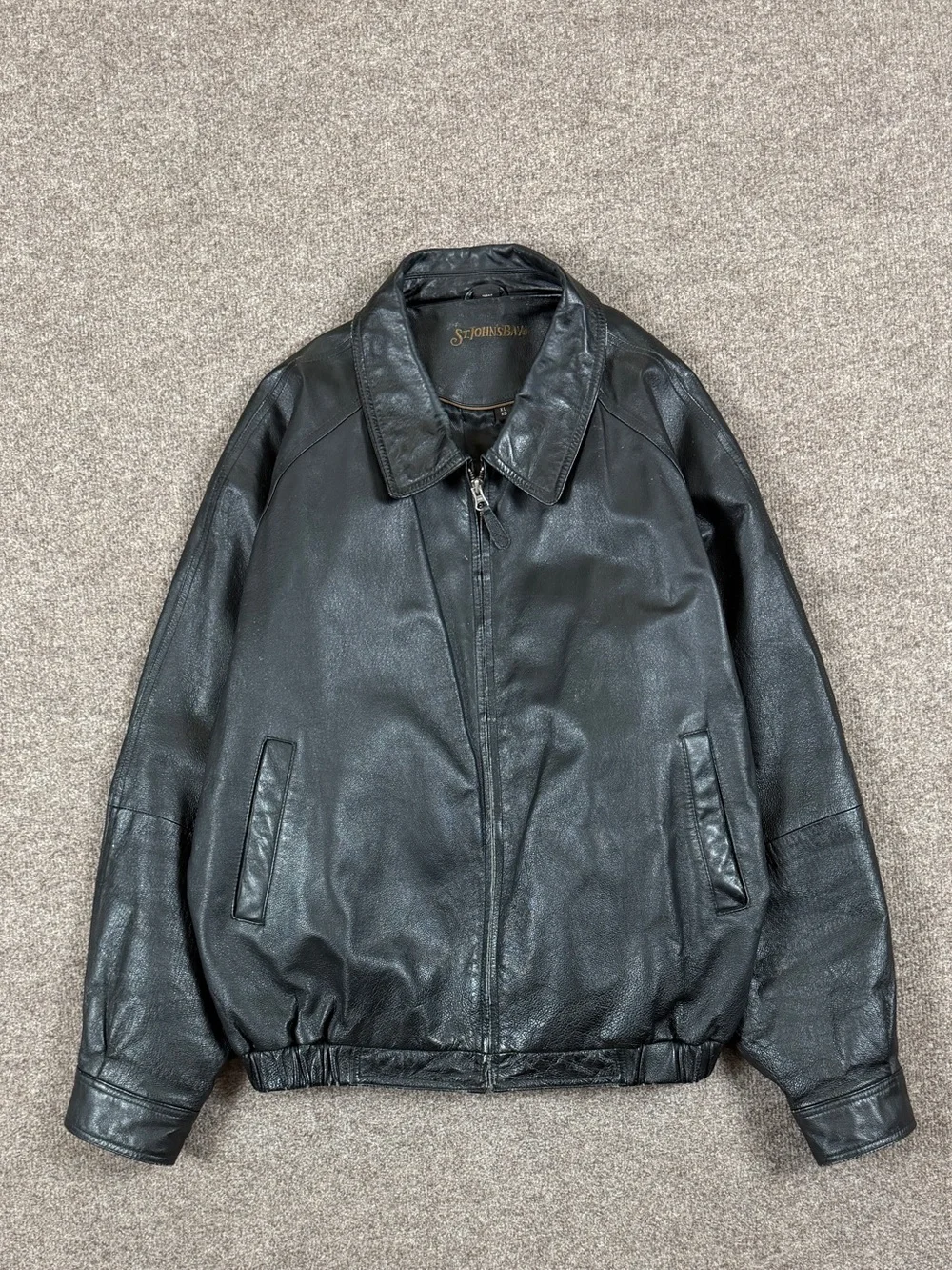 Vintage St John’s Bay Black Genuine Leather Full Zip Bomber Jacket Men’s XL 90s